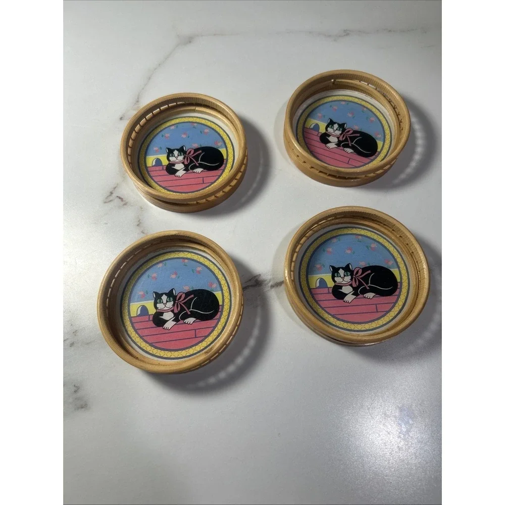 Bamboo Wicker‎ Coasters Cat Theme Plastic Bottom - set of 4